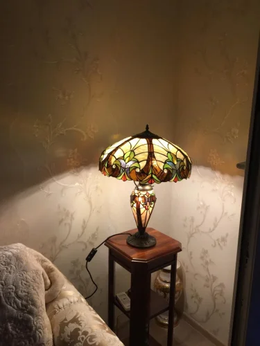 Настольная лампа Тиффани 815-804-03 Velante разноцветная 2 лампы, основание коричневое металл в стиле тиффани орнамент цветы фото 6